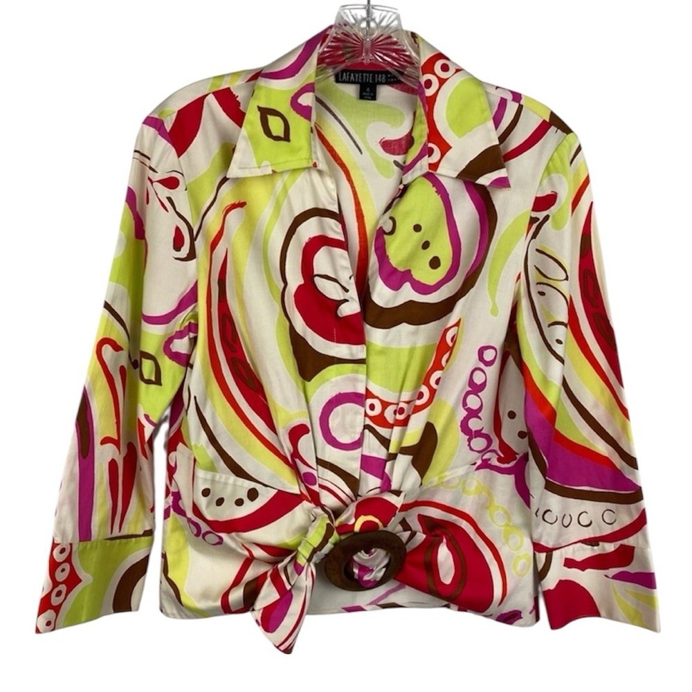 Lafayette 148 Y2K Abstract Print Tie Front Blouse 4 - Picture 9 of 9